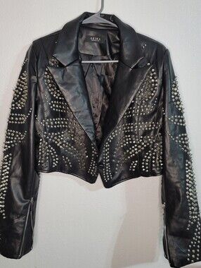 AKIRA Black Studded Faux Leather Cropped Moto Jacket Size L Punk Rock Glam NWOT
